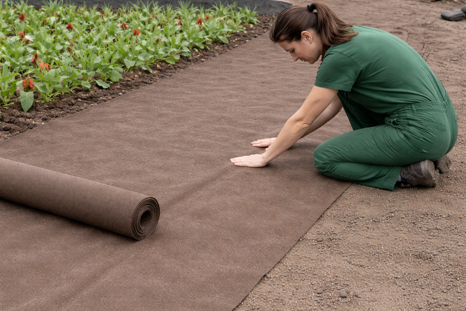 Klečící zahradnice rozbaluje černou netkanou textilii při zakládání nového zahradního záhonu.